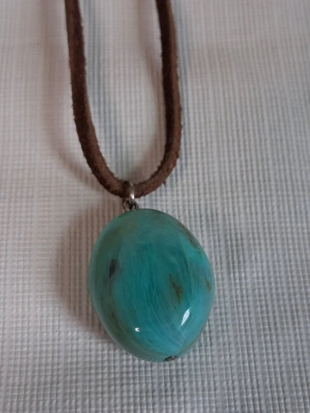 Turquoise Blue Brown Swirl Oval Faux Stone Lightweight Bohemian Pendant Necklace